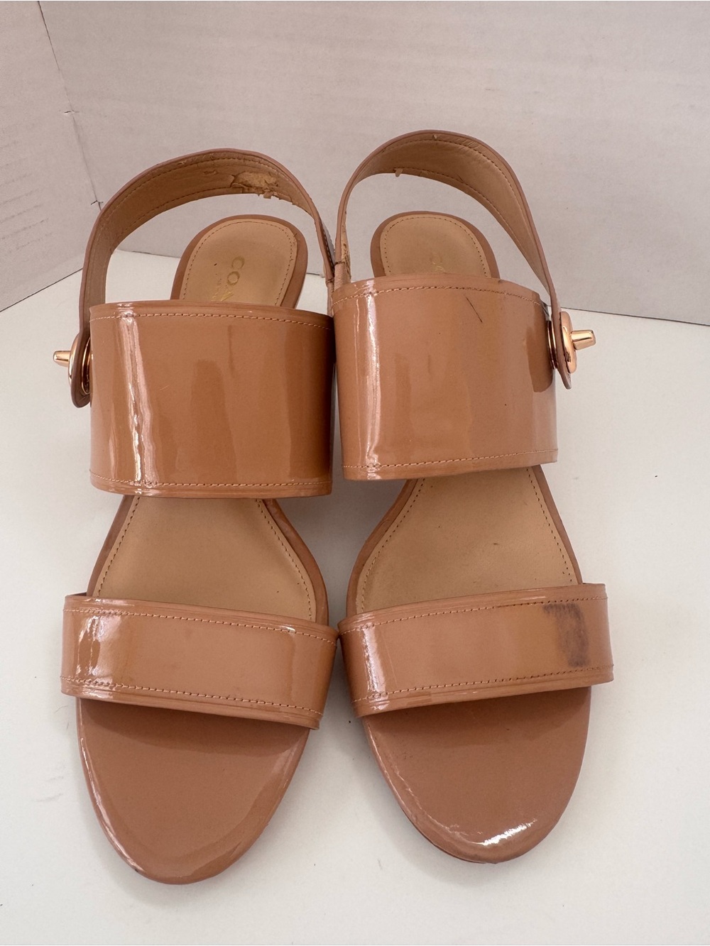 Coach Marla Tan Nude Patent Leather Turnlock Slingback Sandals Size 7B